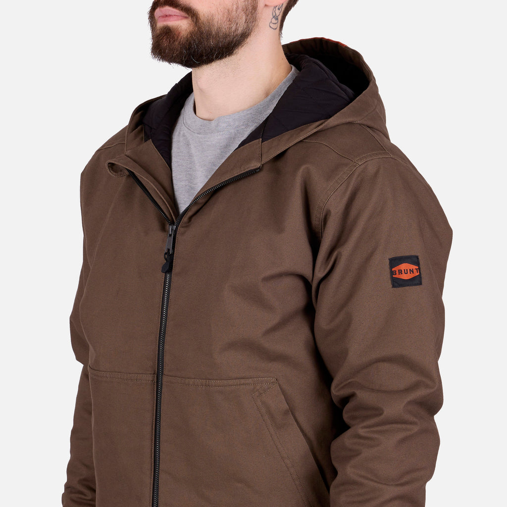 45 degree angle of the front right side of the BRUNT ultra durable couvee utility work jacket with hoodie in brown