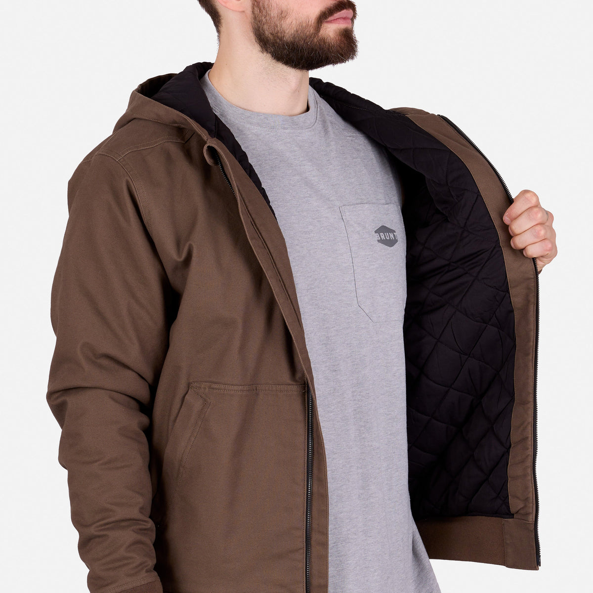 Front of BRUNT ultra durable couvee utility work jacket with hoodie in brown