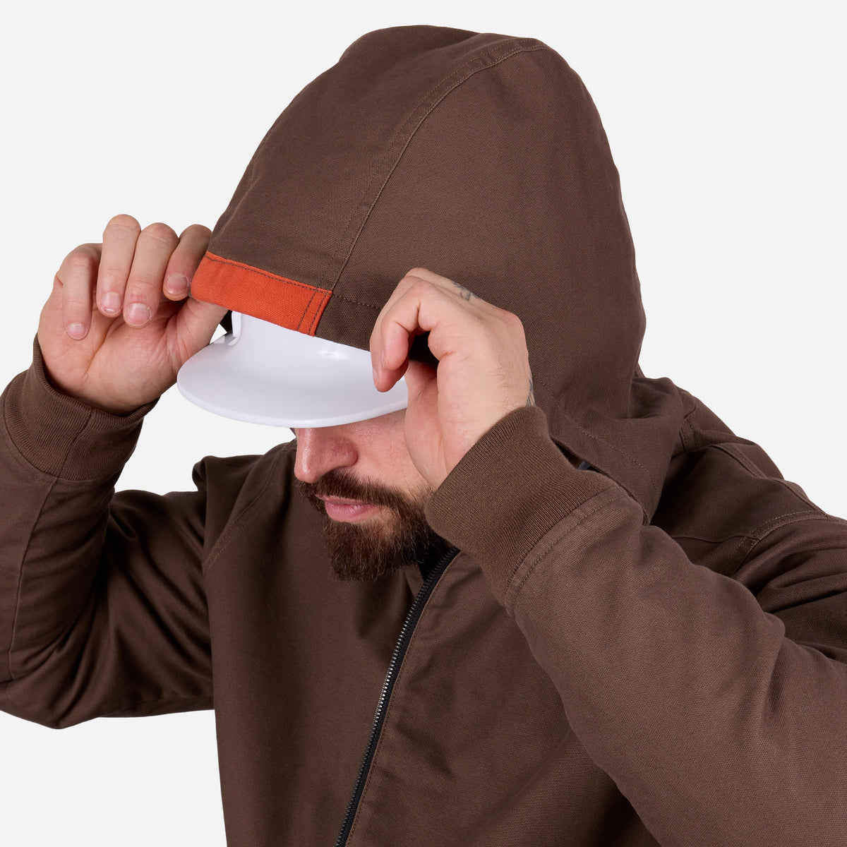 Hard hat compatible hood of the BRUNT ultra durable couvee utility work jacket with hoodie in brown