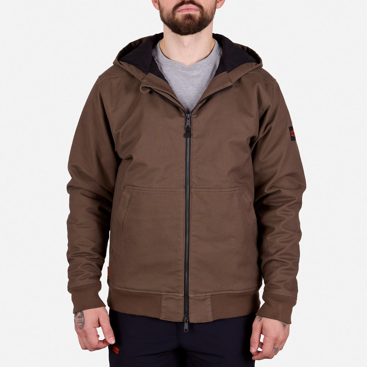 Front of the BRUNT ultra durable couvee utility work jacket with hoodie in brown