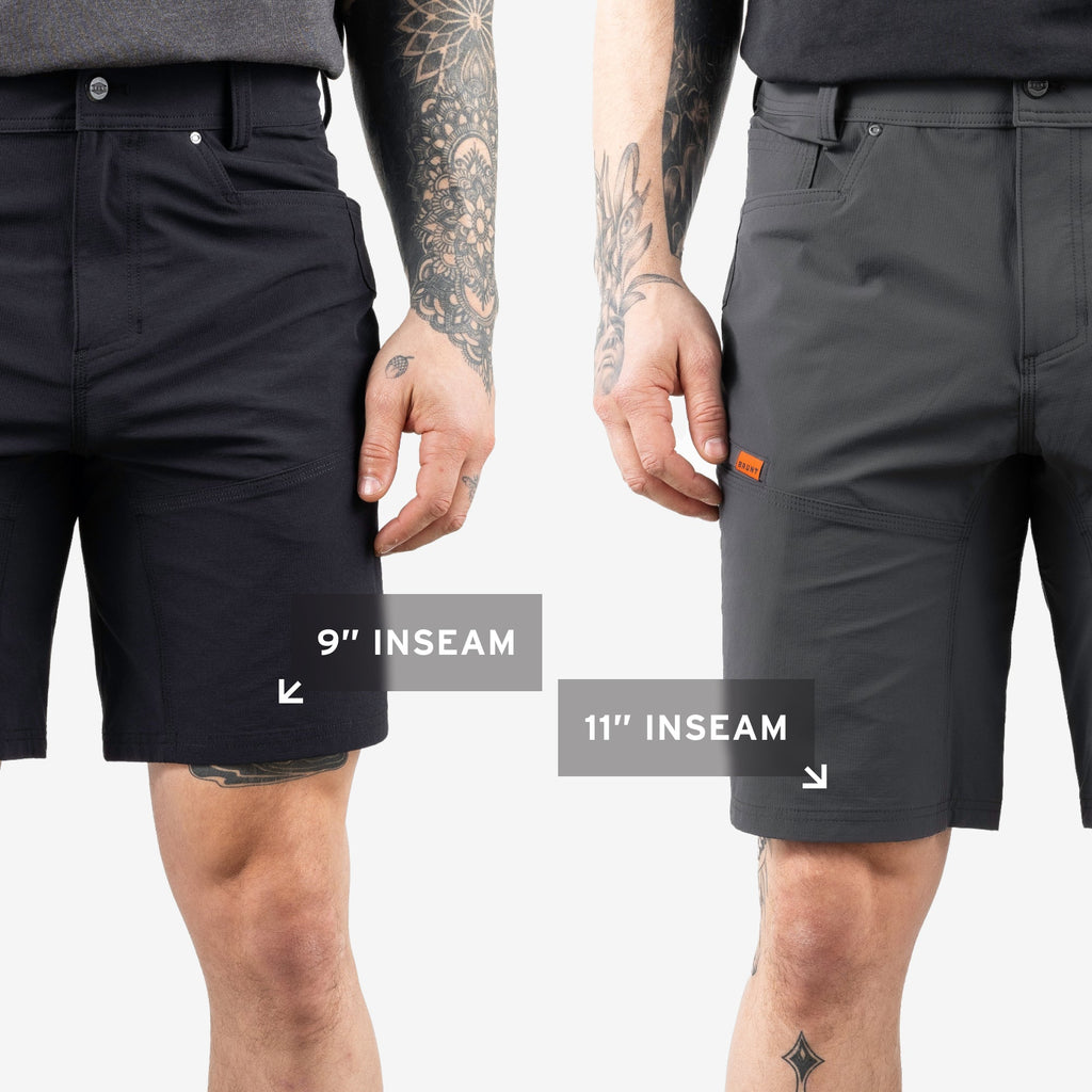 Side by side showing the different inseam lengths of the BRUNT costello 9 inch short in black on the left and the BRUNT costello 11 inch short in charcoal on the right
