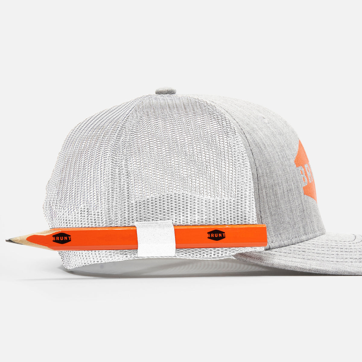 View 2 right side of curved brim work hat with built in pencil holder and BRUNT logo in heathered grey and white * 5
