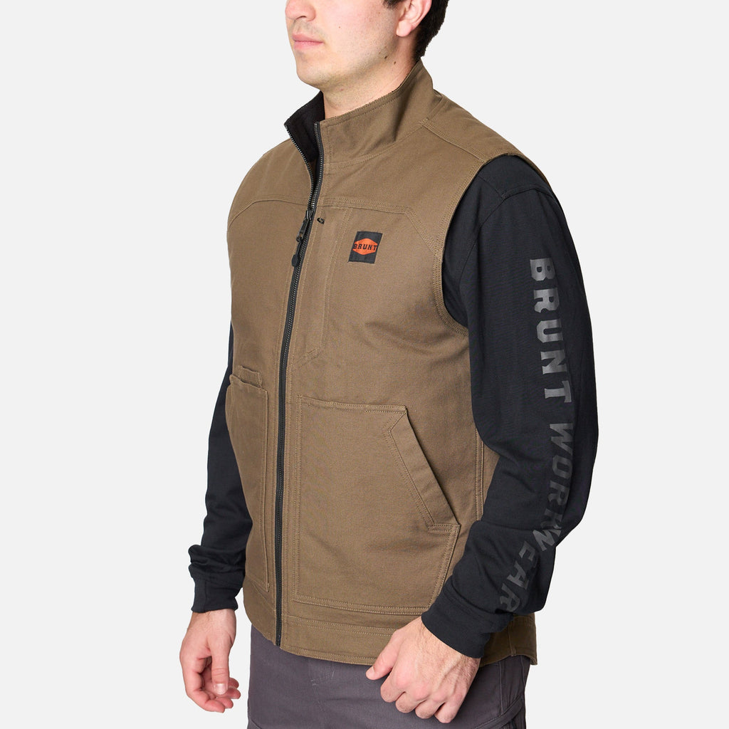 45 degree angle of the right BRUNT quilted stretch canvas work vest in brown * 2