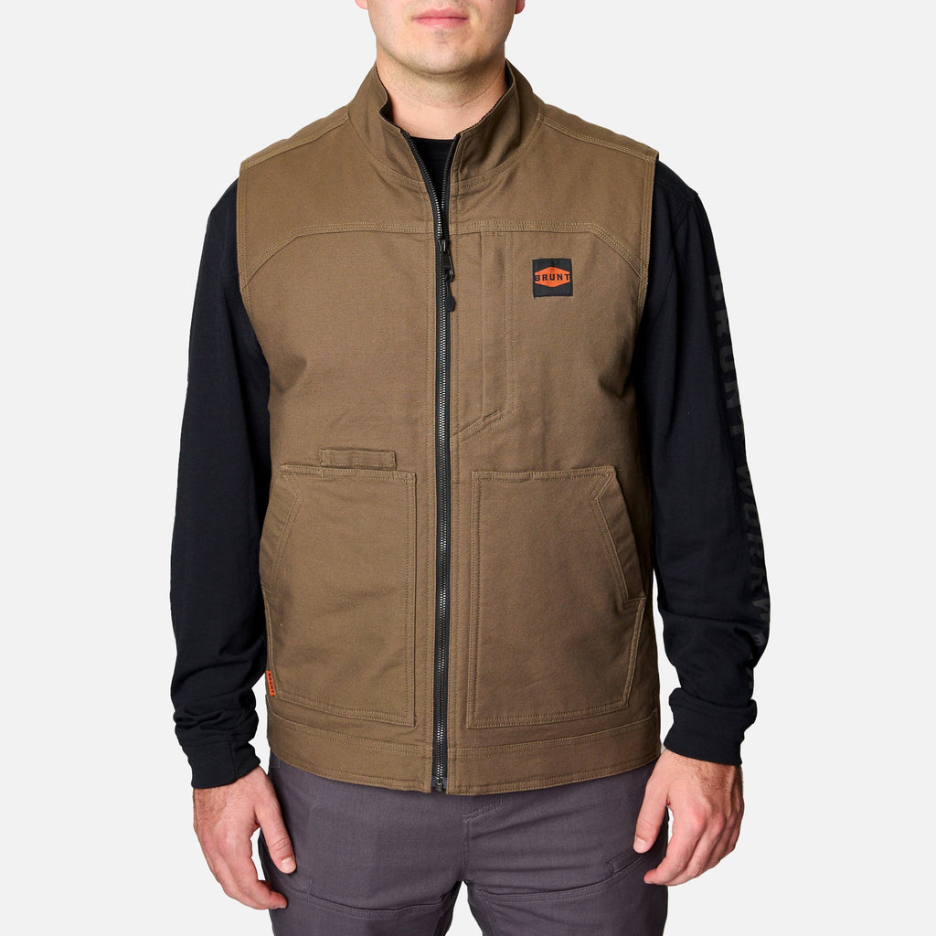 View 1 front of the BRUNT quilted stretch canvas work vest in brown * 2
