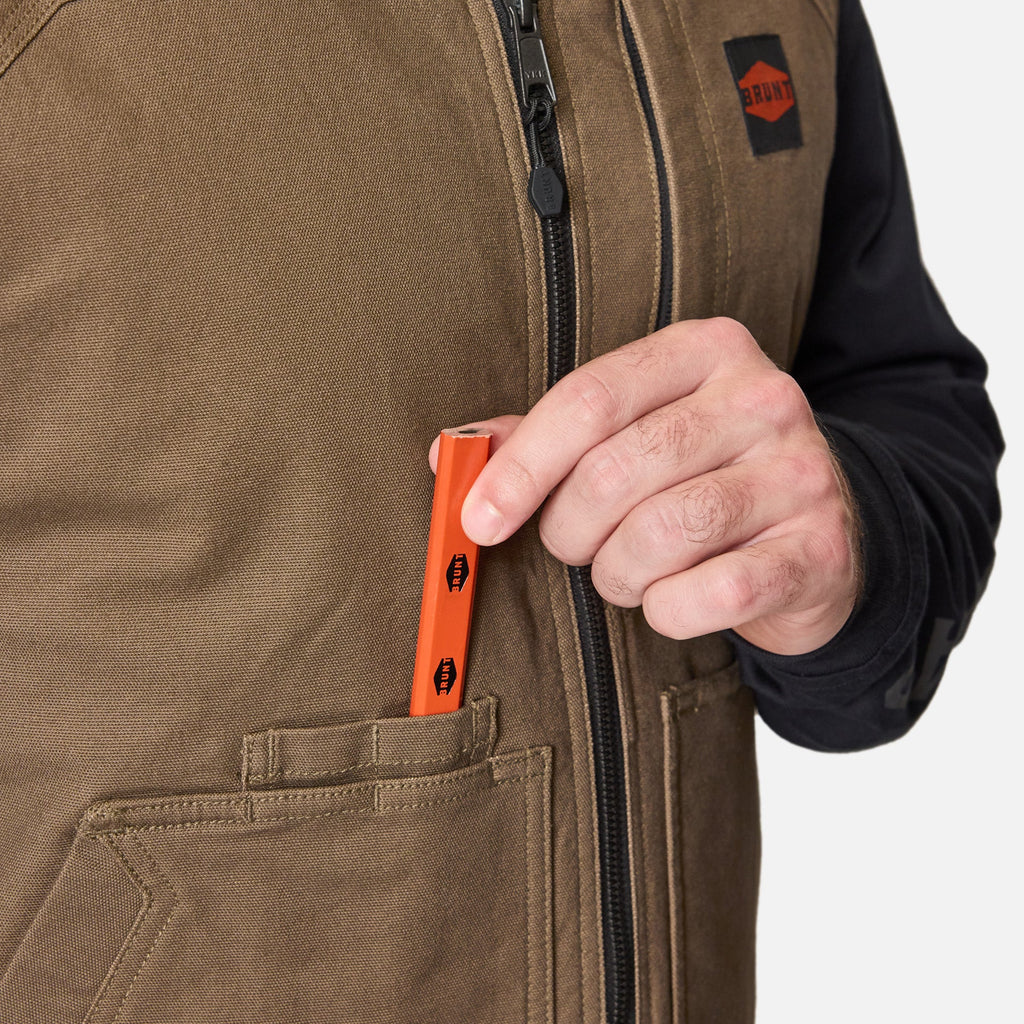 View 2 front pencil pocket of the BRUNT quilted stretch canvas work vest in brown * 2