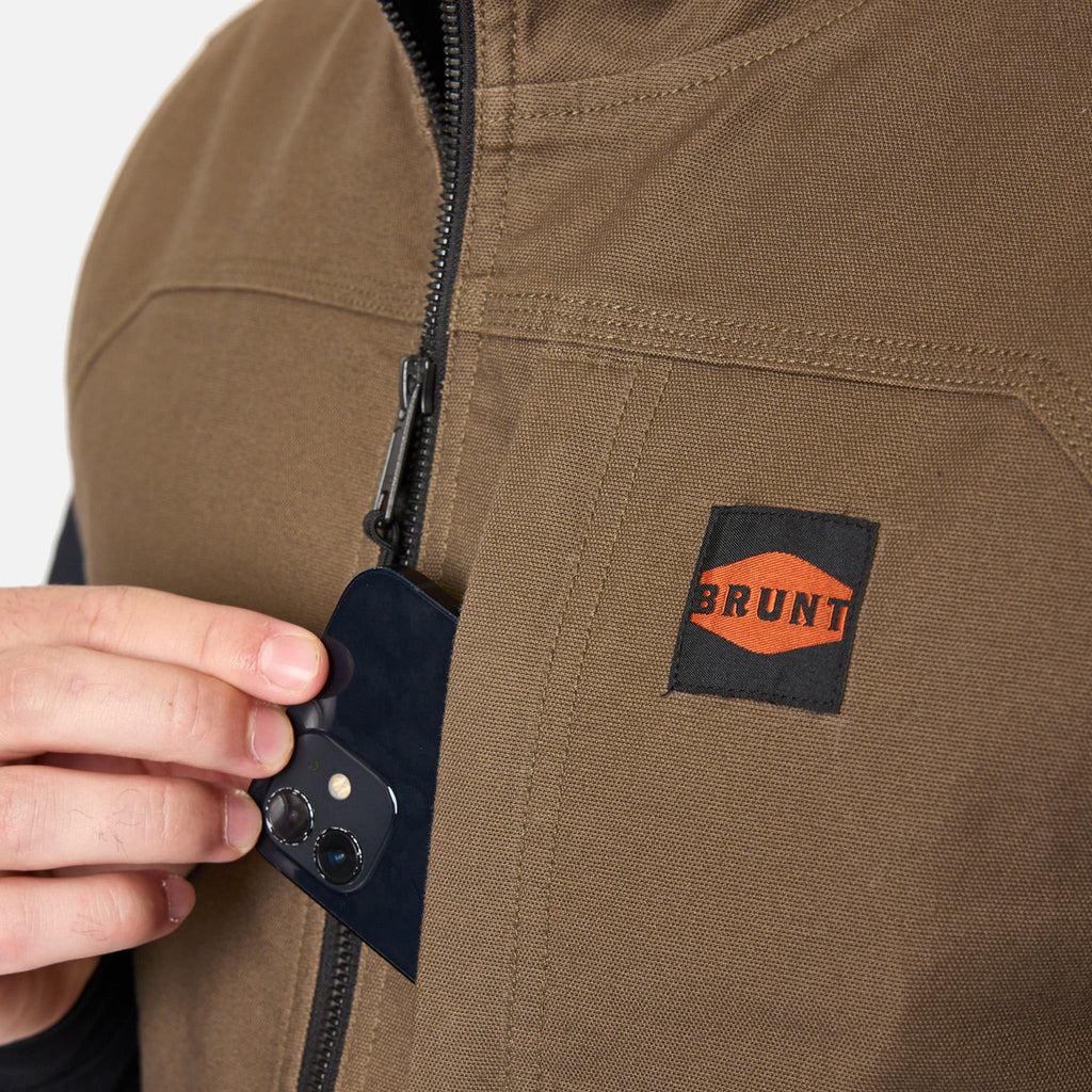 Front of chest phone pocket of the BRUNT quilted stretch canvas work vest in brown * 2