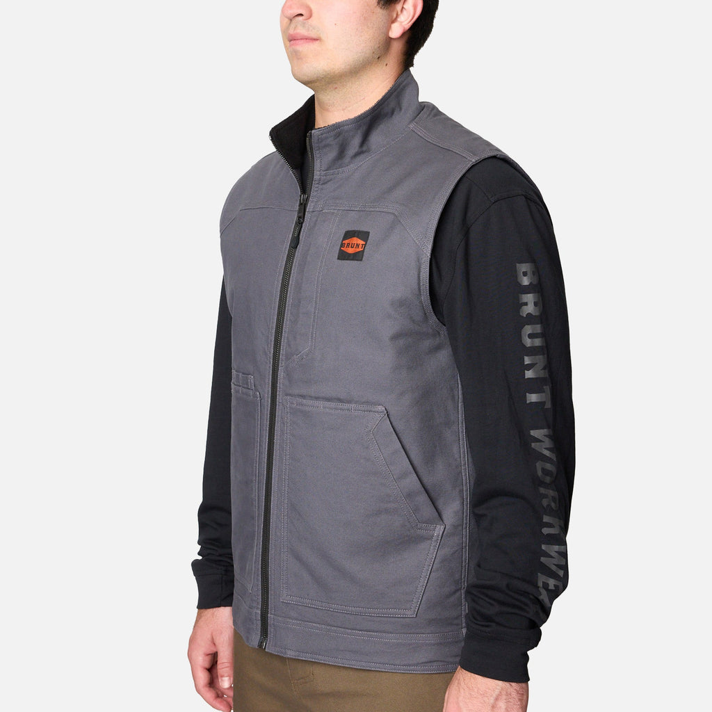 45 degree angle of the left BRUNT quilted stretch canvas work vest in charcoal * 1