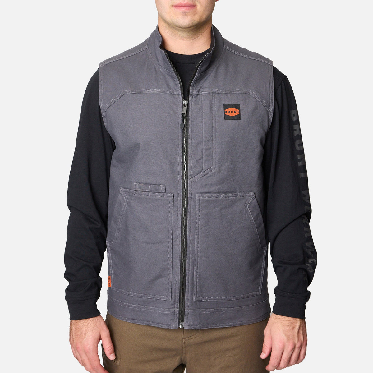 View 1 front of the BRUNT quilted stretch canvas work vest in charcoal * 1