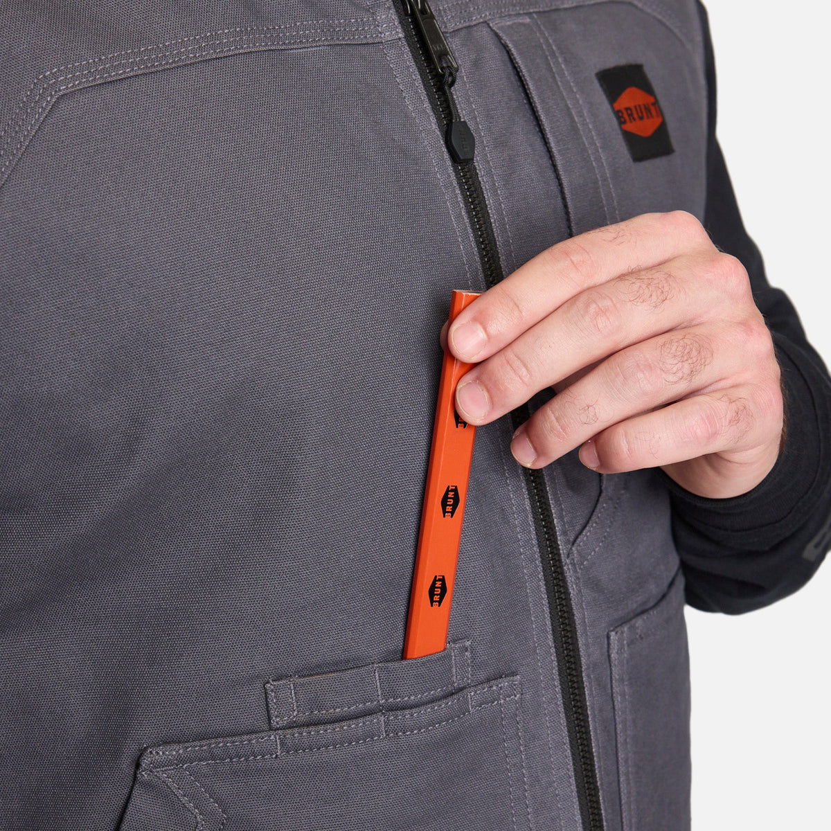 View 2 front pencil pocket of the BRUNT quilted stretch canvas work vest in charcoal * 1