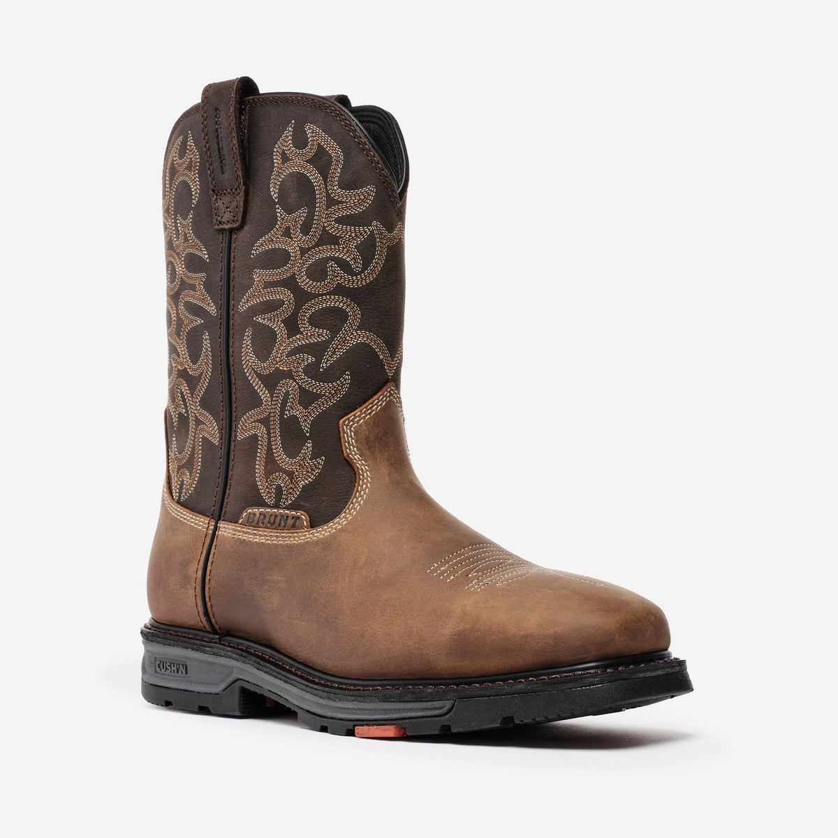 View 2 45 degree angle of the right BRUNT 10 inch welted waterproof square toe work boot in dark brown and dark tan