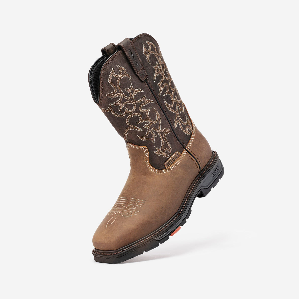 45 degree angle of the left BRUNT 10 inch welted waterproof square toe work boot in dark brown and dark tan