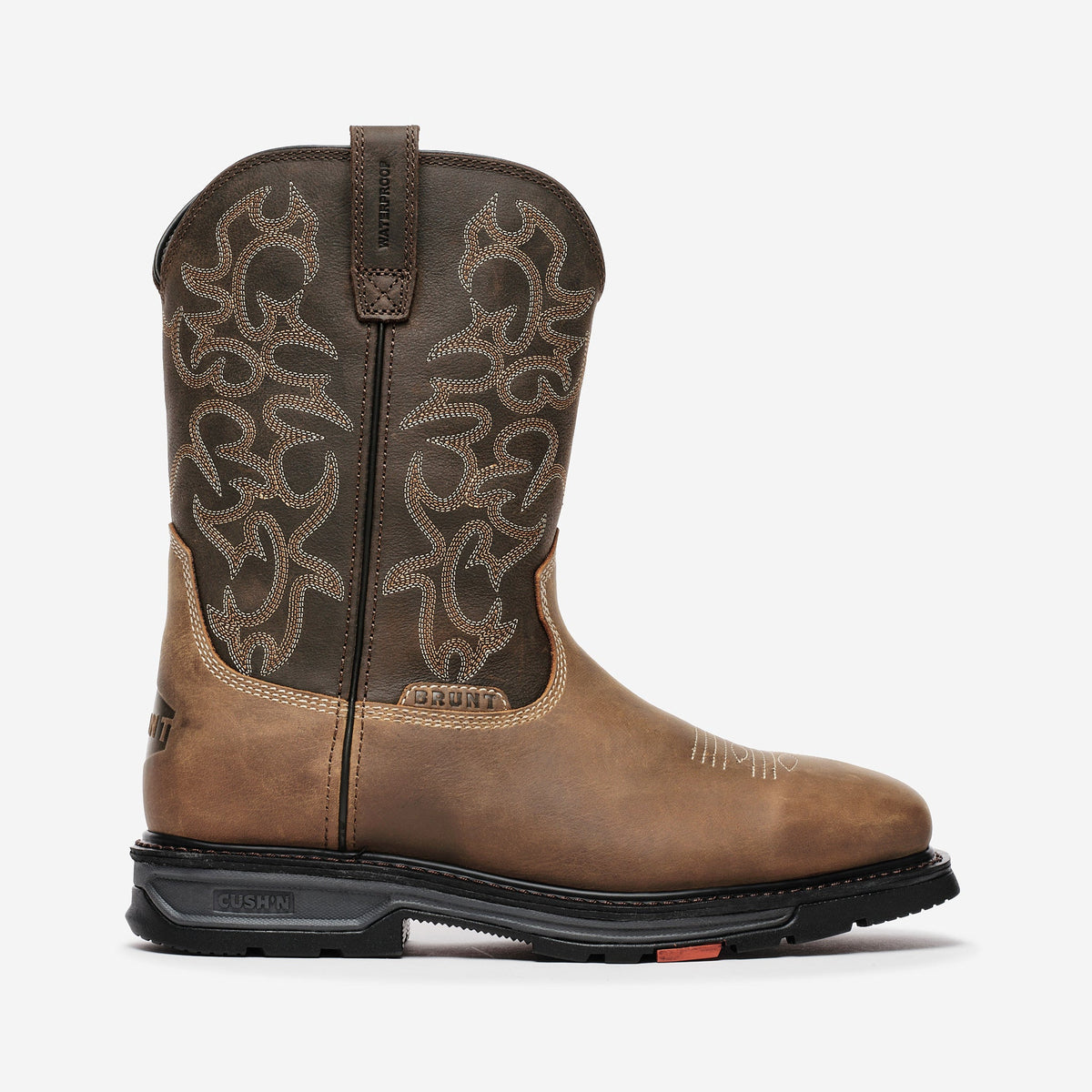 View 1 right side of the BRUNT 10 inch welted waterproof square toe work boot in dark brown and dark tan * # LIMITED EDITION