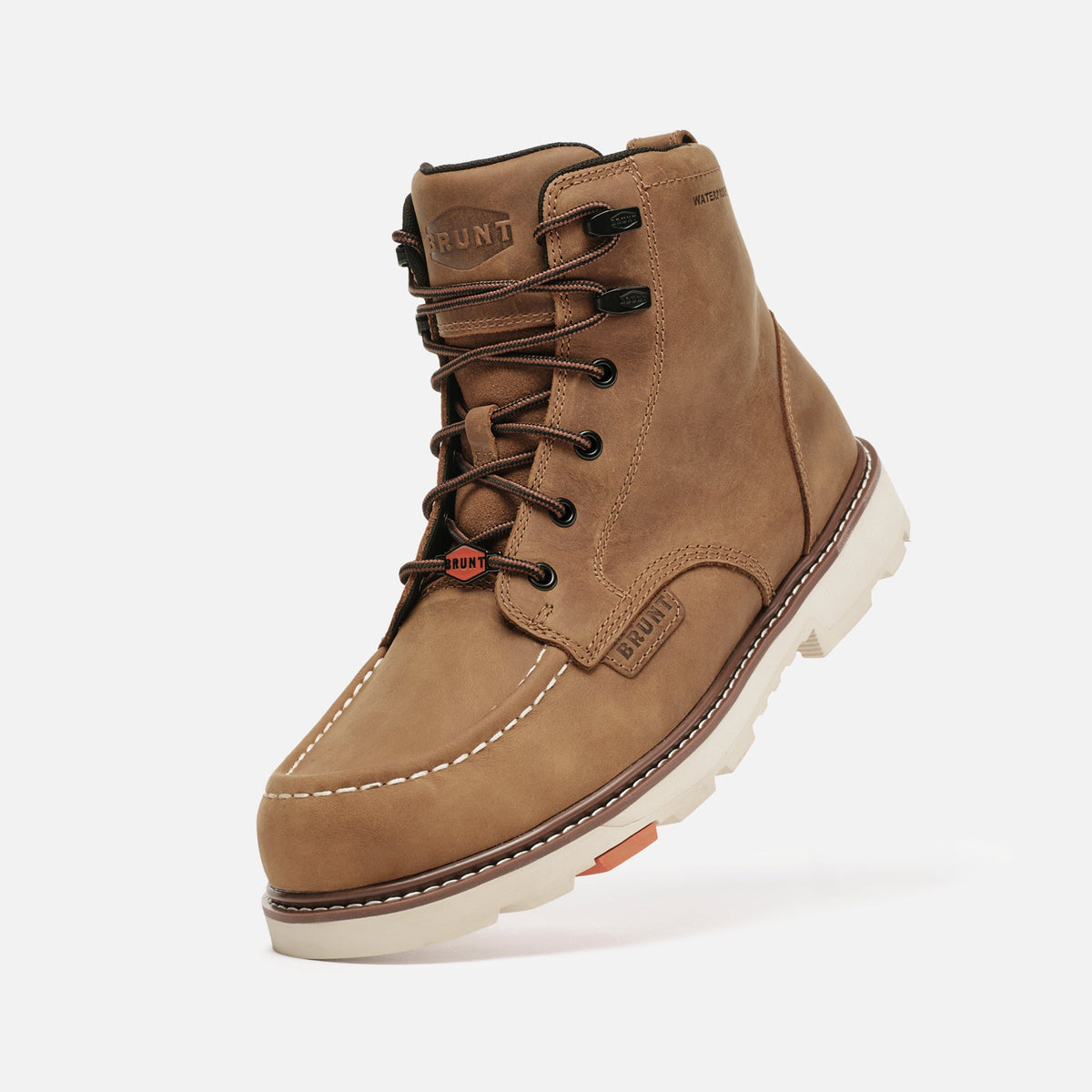 45 degree angle of the left BRUNT 6 inch waterproof 90 degree heel marin work boot in brown