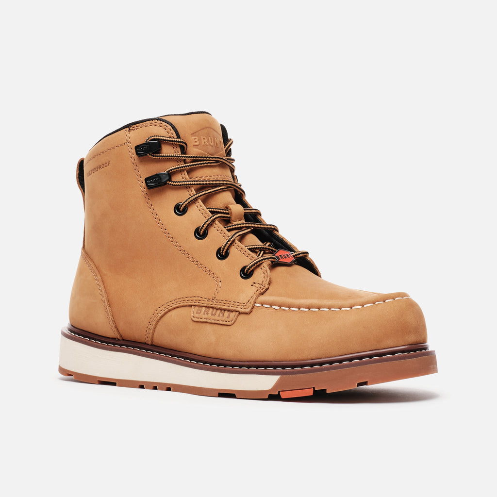 View 2 45 degree angle of the right limited edition BRUNT 6 inch waterproof composite toe marin work boot in wheat