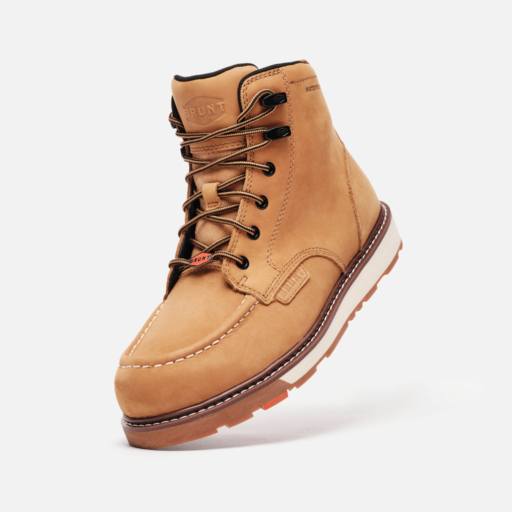 45 degree angle of the left limited edition BRUNT 6 inch waterproof composite toe marin work boot in wheat