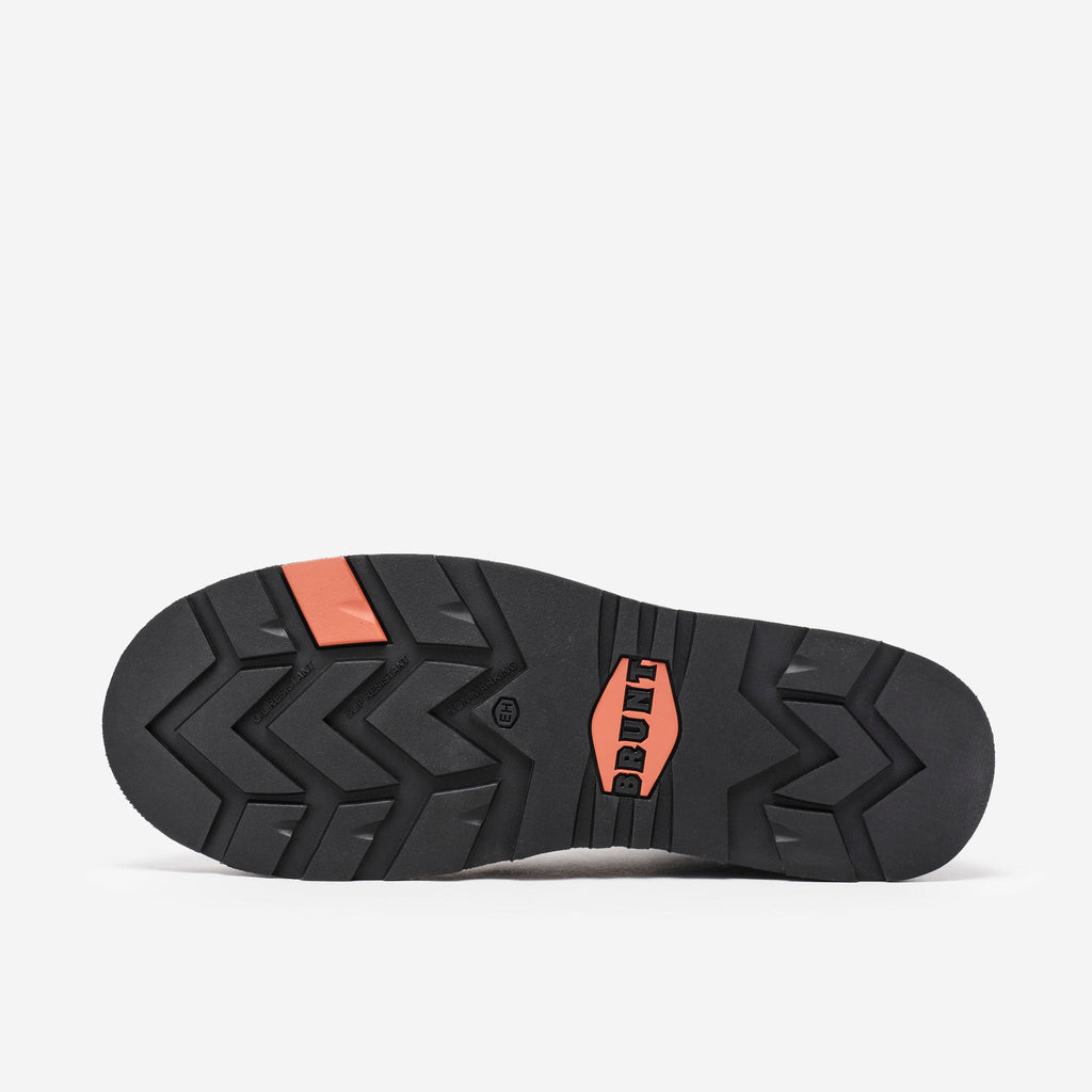 Bottom of the limited edition BRUNT 6 inch water-resistant slip-on ohman work boot in black