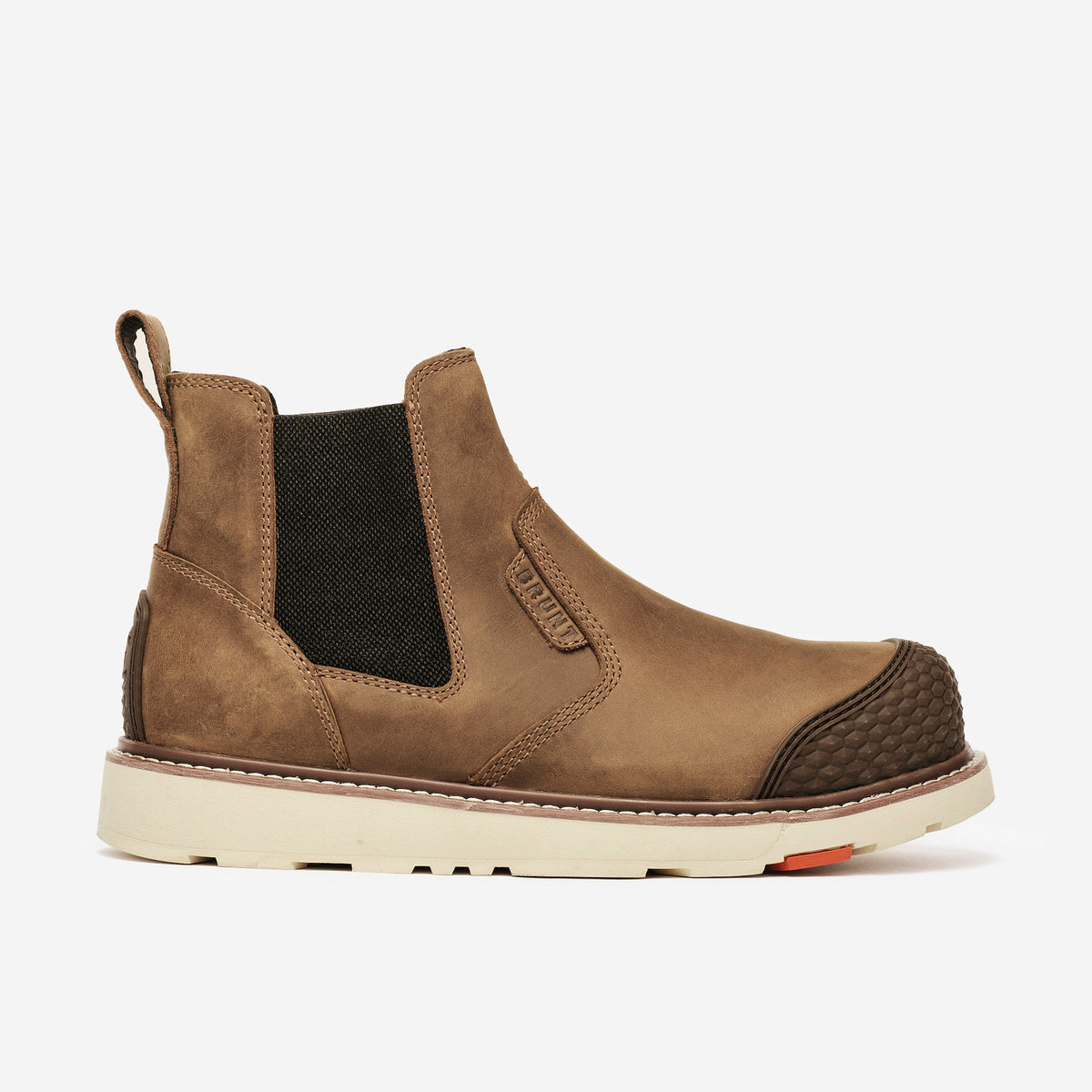 Right side of the BRUNT 6 inch water-resistant slip-on reinforced composite toe ohman work boot in brown