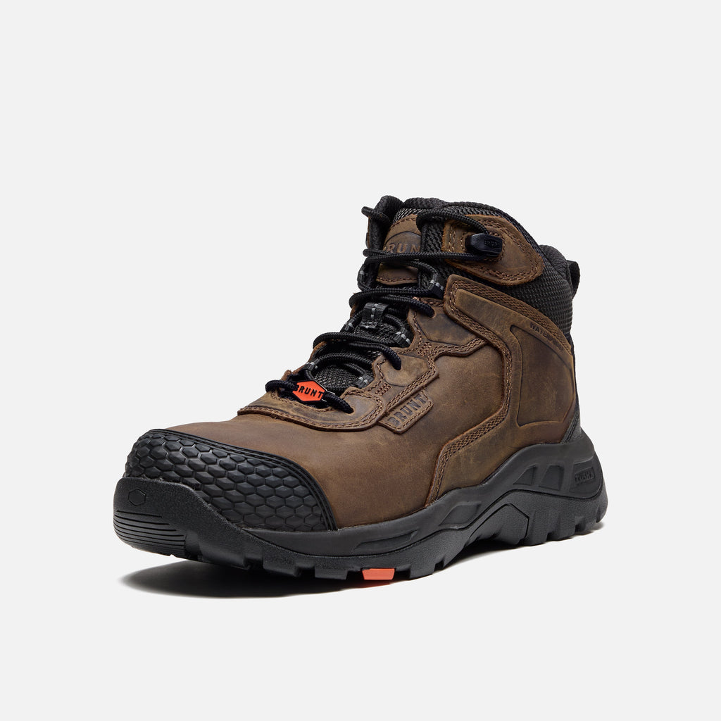 45 degree angle of the left side of the BRUNT 6 inch waterproof reinforced composite toe work boot in brown