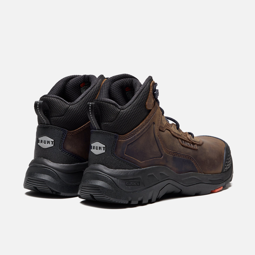 45 degree angle of the back of the BRUNT 6 inch reinforced toe work boot in brown