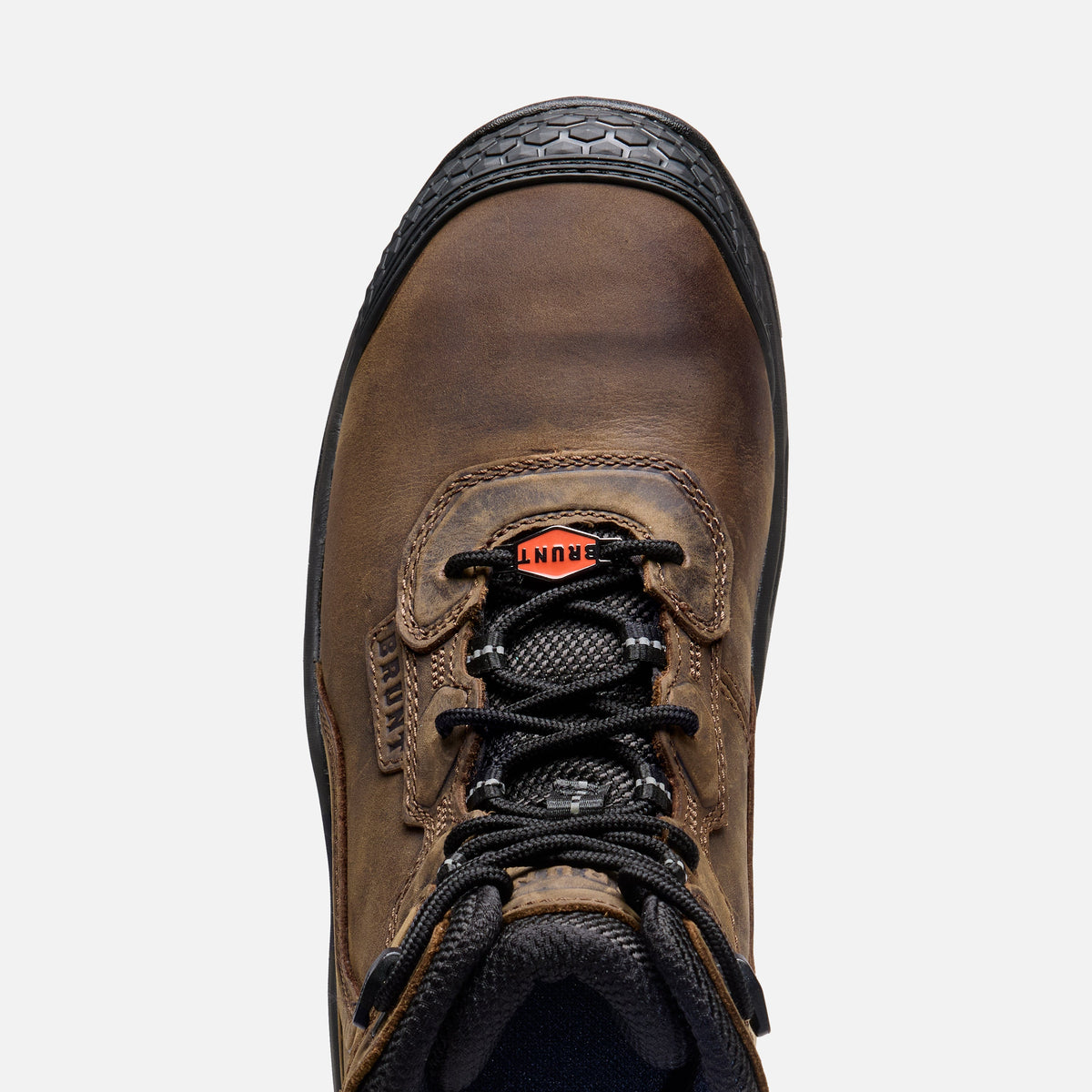 Above shot of the toe shape of the BRUNT 6 inch lightweight 90 degree heel comp toe work boot in dark brown