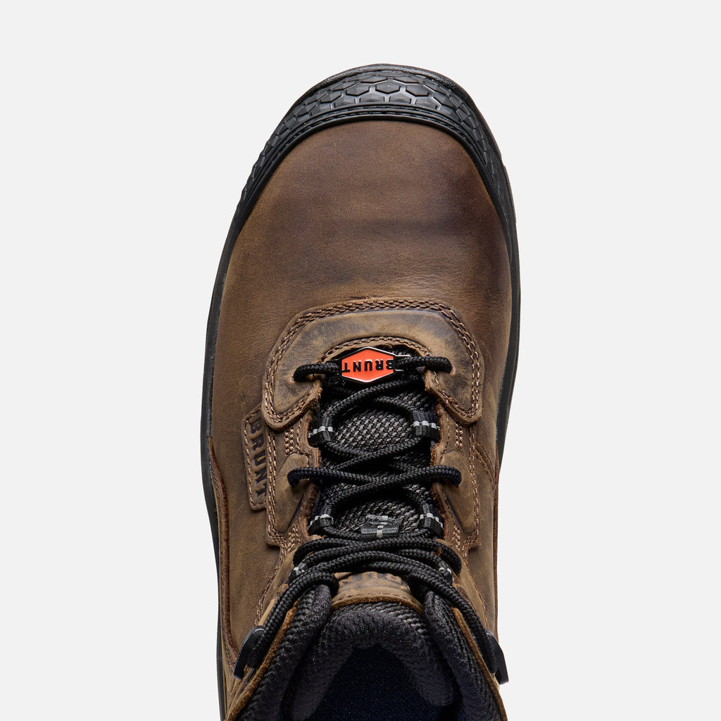 Above shot of the toe shape of the BRUNT 6 inch lightweight 90 degree heel comp toe work boot in dark brown