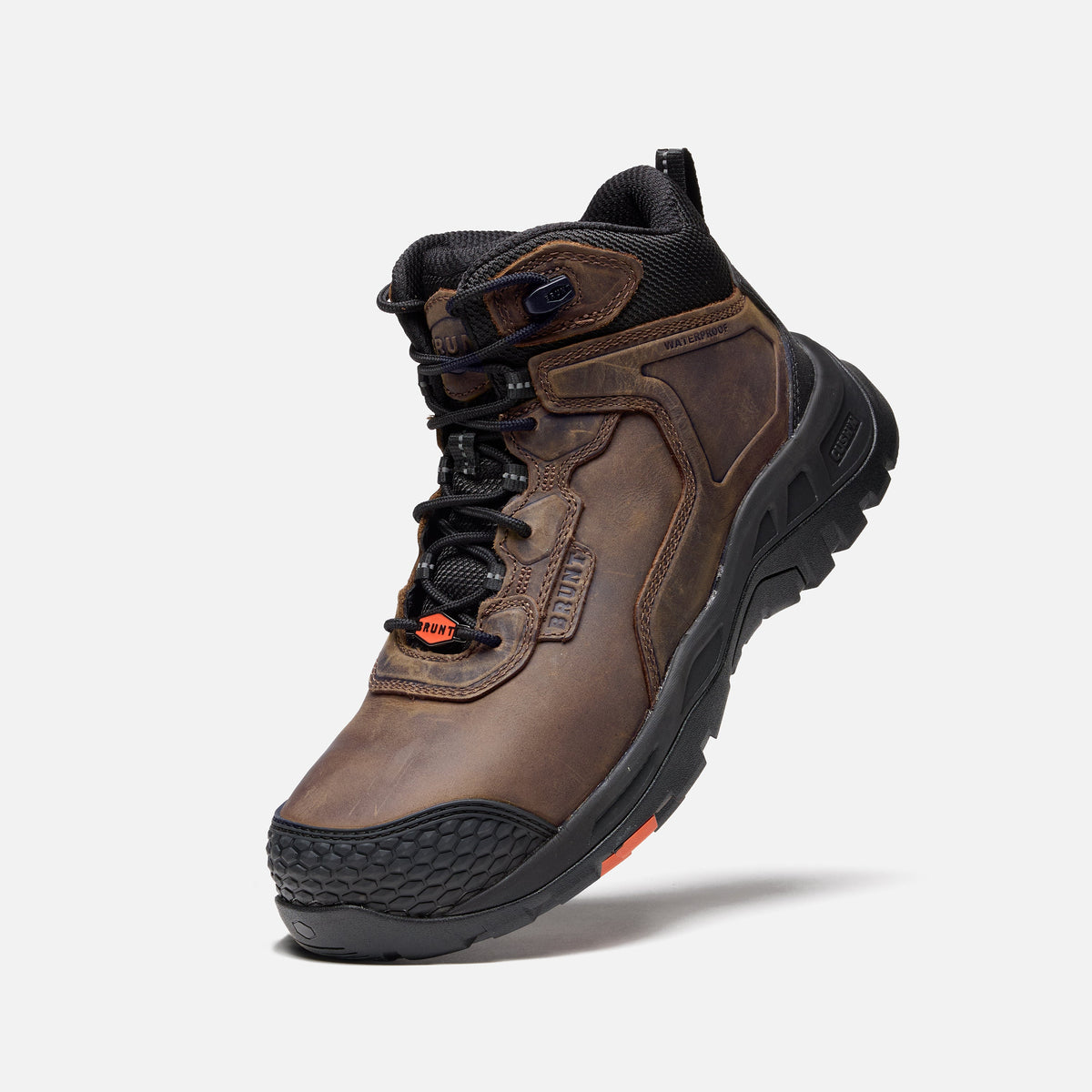 45 degree angle of the left side of the BRUNT 6 inch reinforced toe work boot in brown