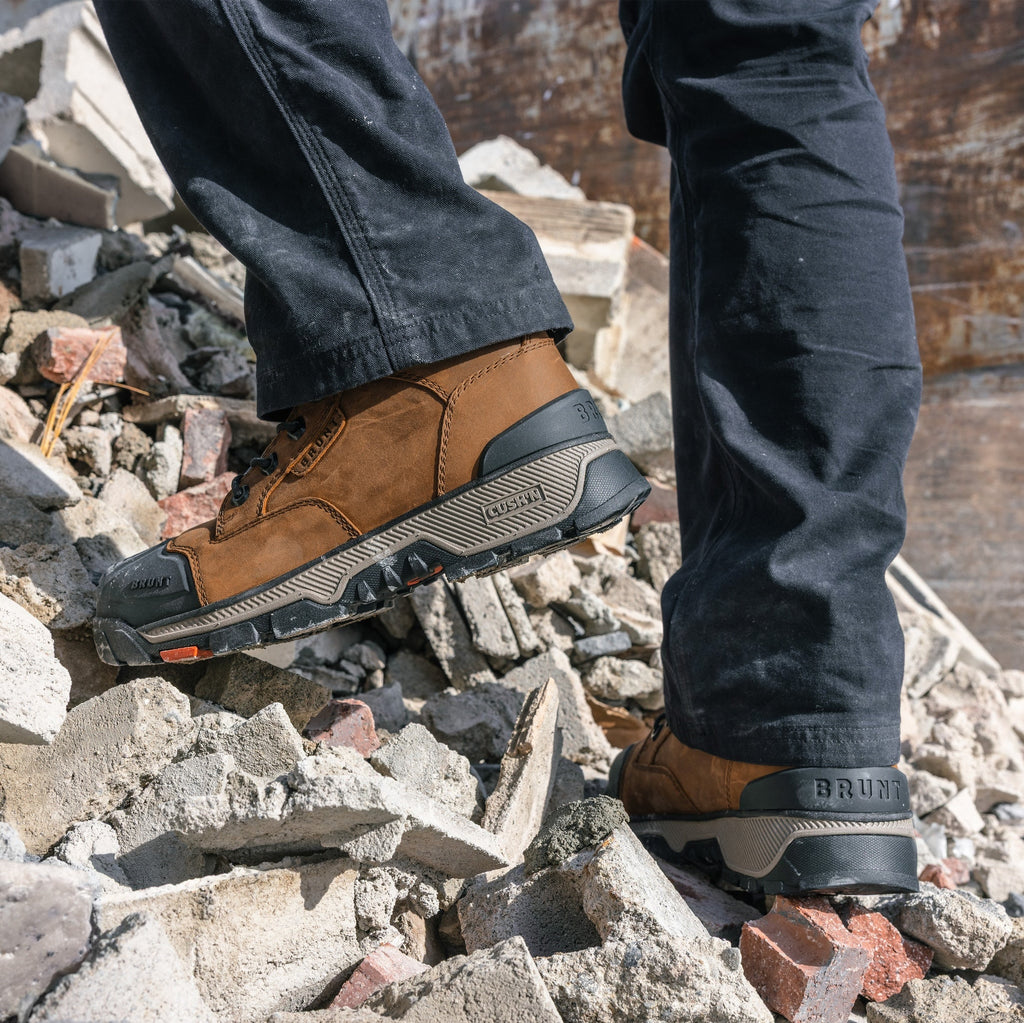 BRUNT 6 inch 90 degree heel composite toe work boot in brown on jobsite