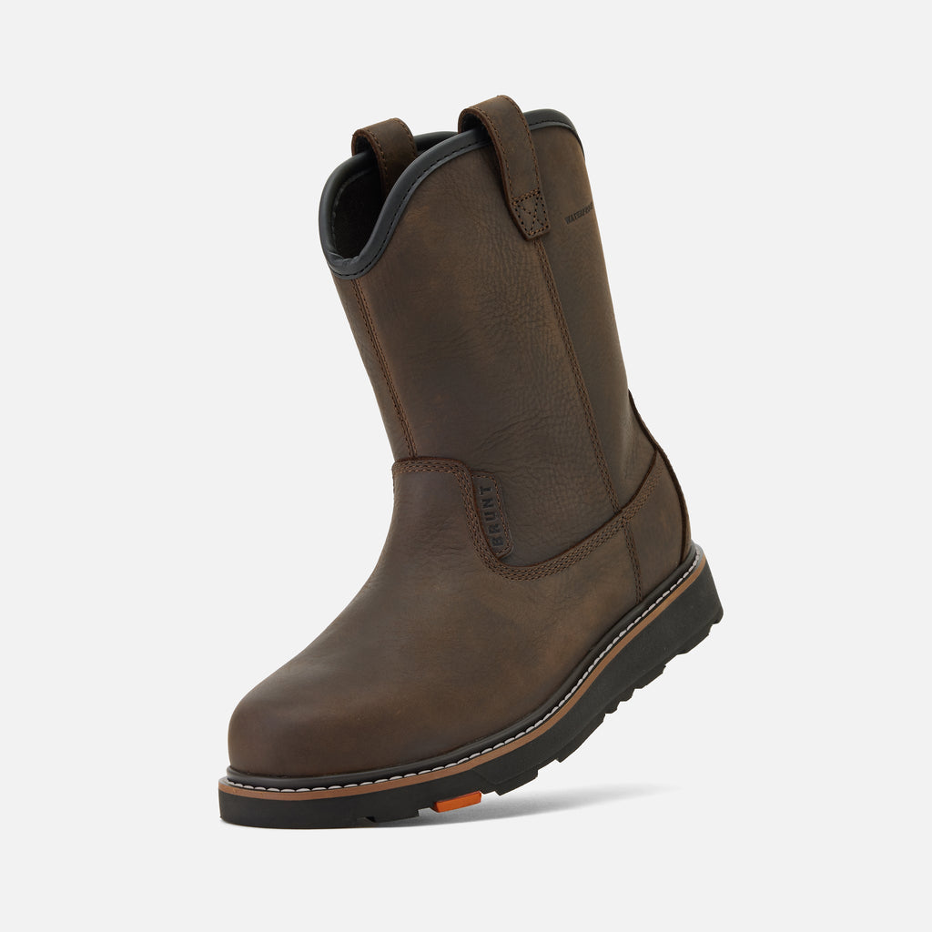 45 degree angle of the left BRUNT 9 inch waterproof composite toe roper bolduc work boot in dark brown