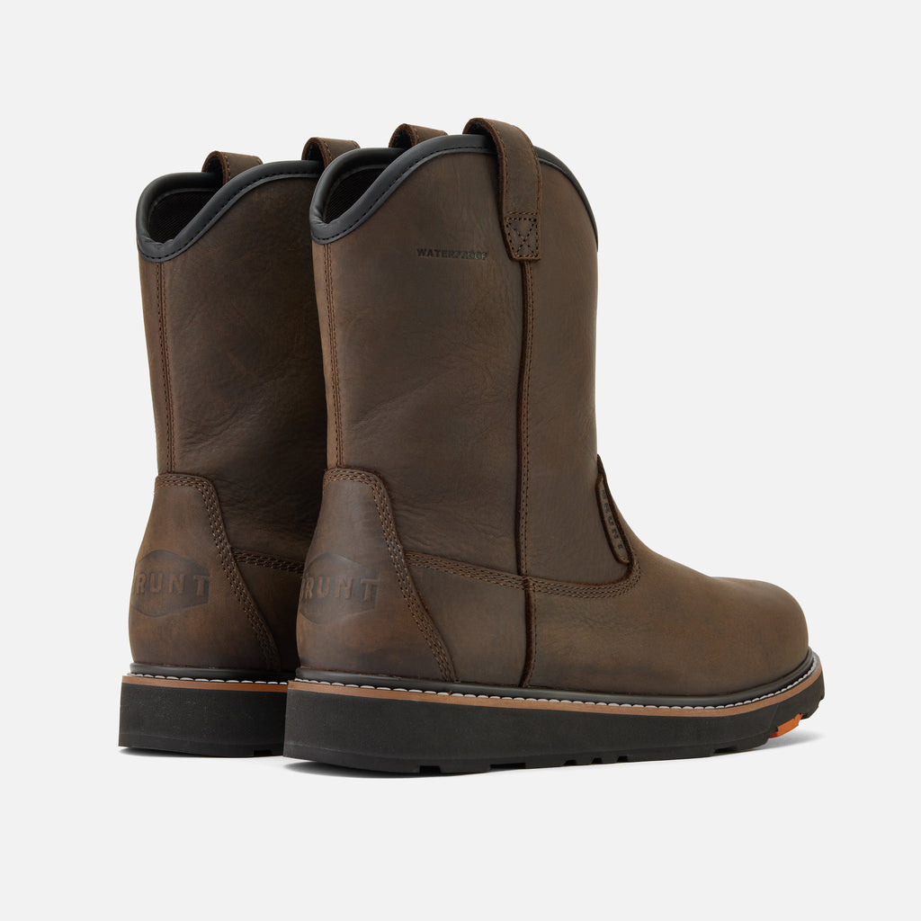 45 degree angle of the back BRUNT 9 inch waterproof soft toe roper bolduc work boot in dark brown