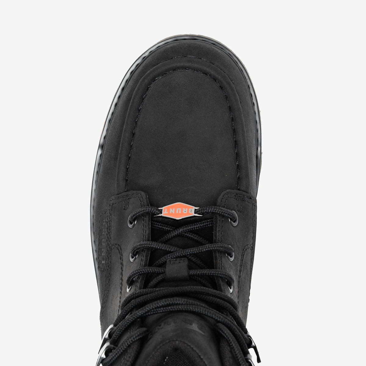 Above shot of the toe shape of the limited edition BRUNT 6 inch waterproof composite toe marin work boot in black