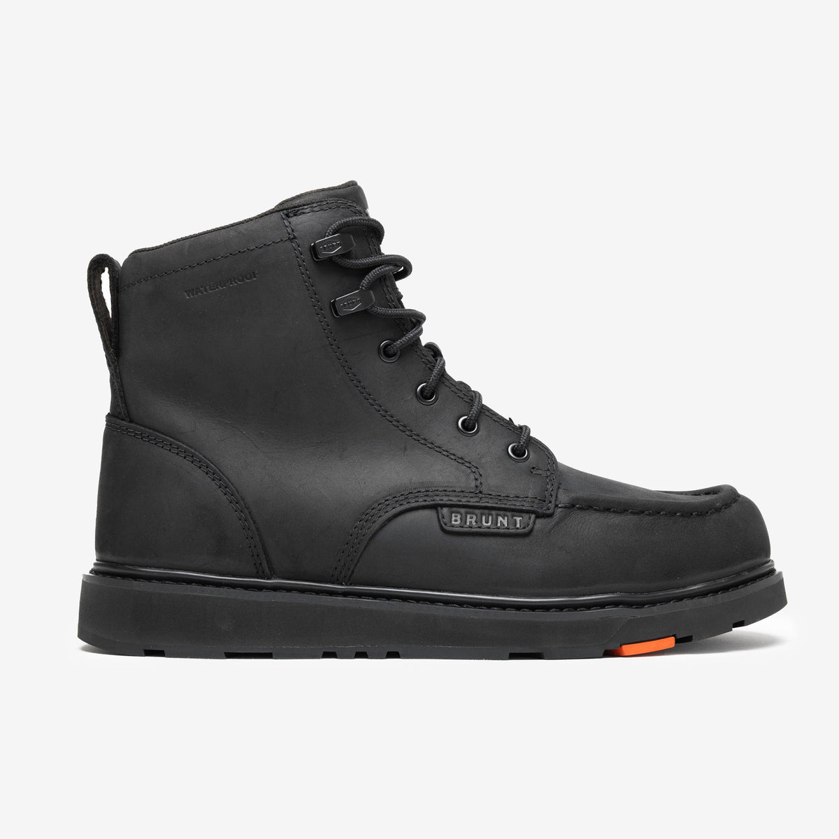View 1 right side of the limited edition BRUNT 6 inch waterproof moc toe marin work boot in black * # LIMITED EDITION