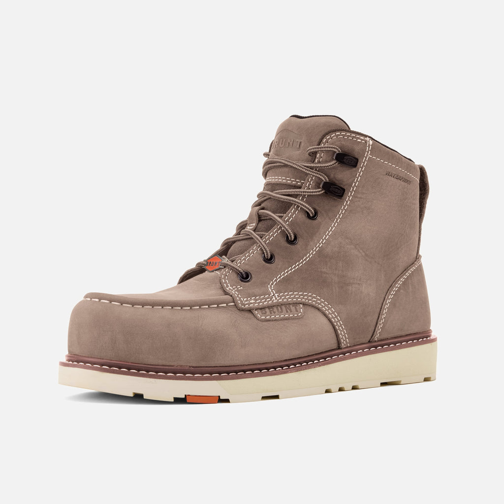 45 degree angle of the left BRUNT 6 inch waterproof moc toe marin work boot in light grey