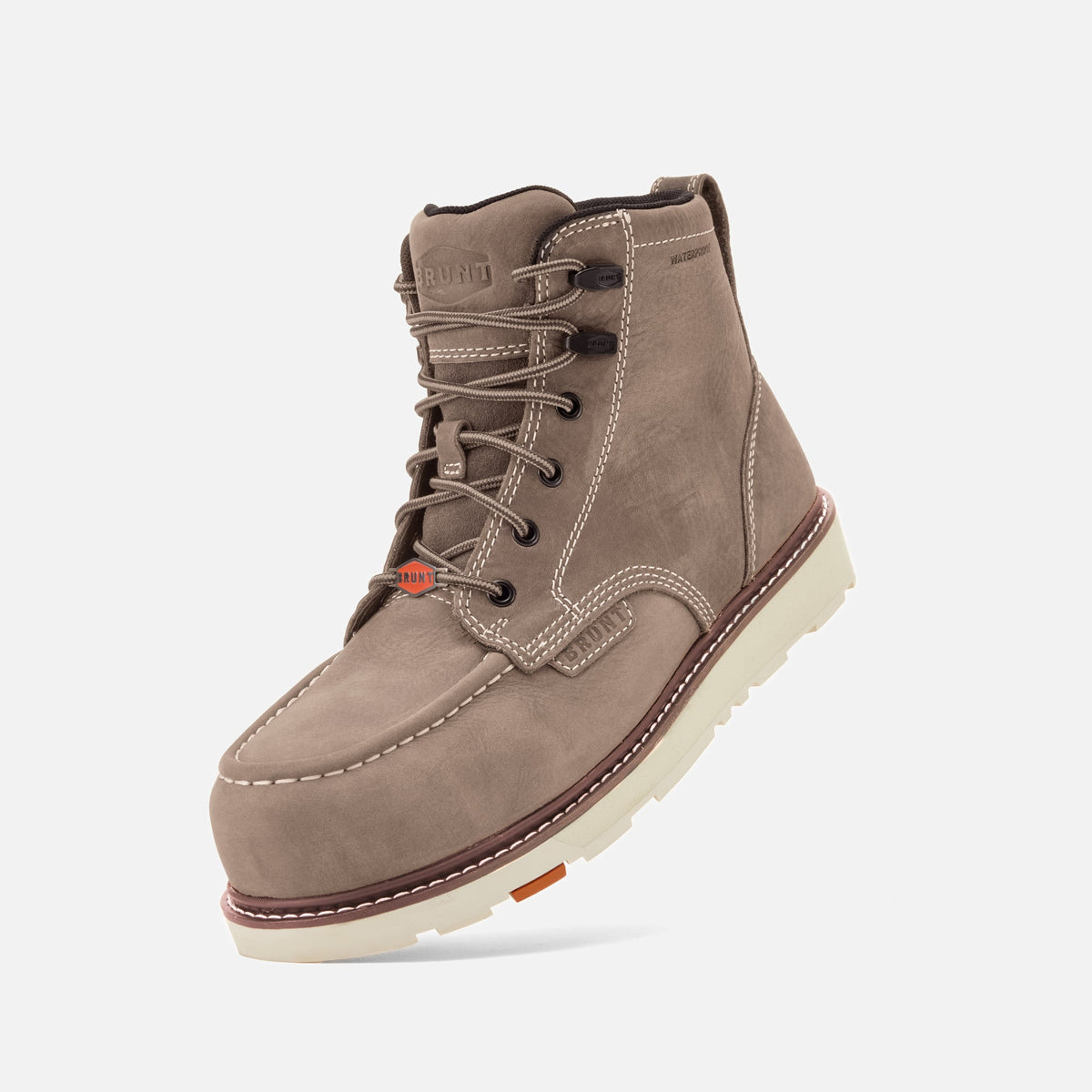 45 degree angle of the left BRUNT 6 inch waterproof composite toe marin work boot in light grey