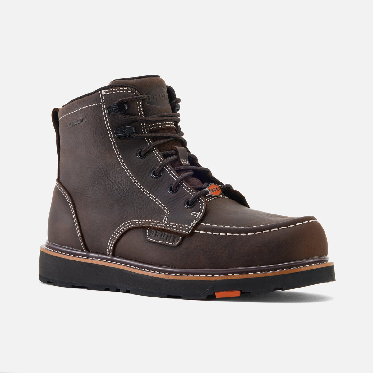 View 2 45 degree angle of the right BRUNT 6 inch waterproof moc toe marin work boot in dark brown * 2