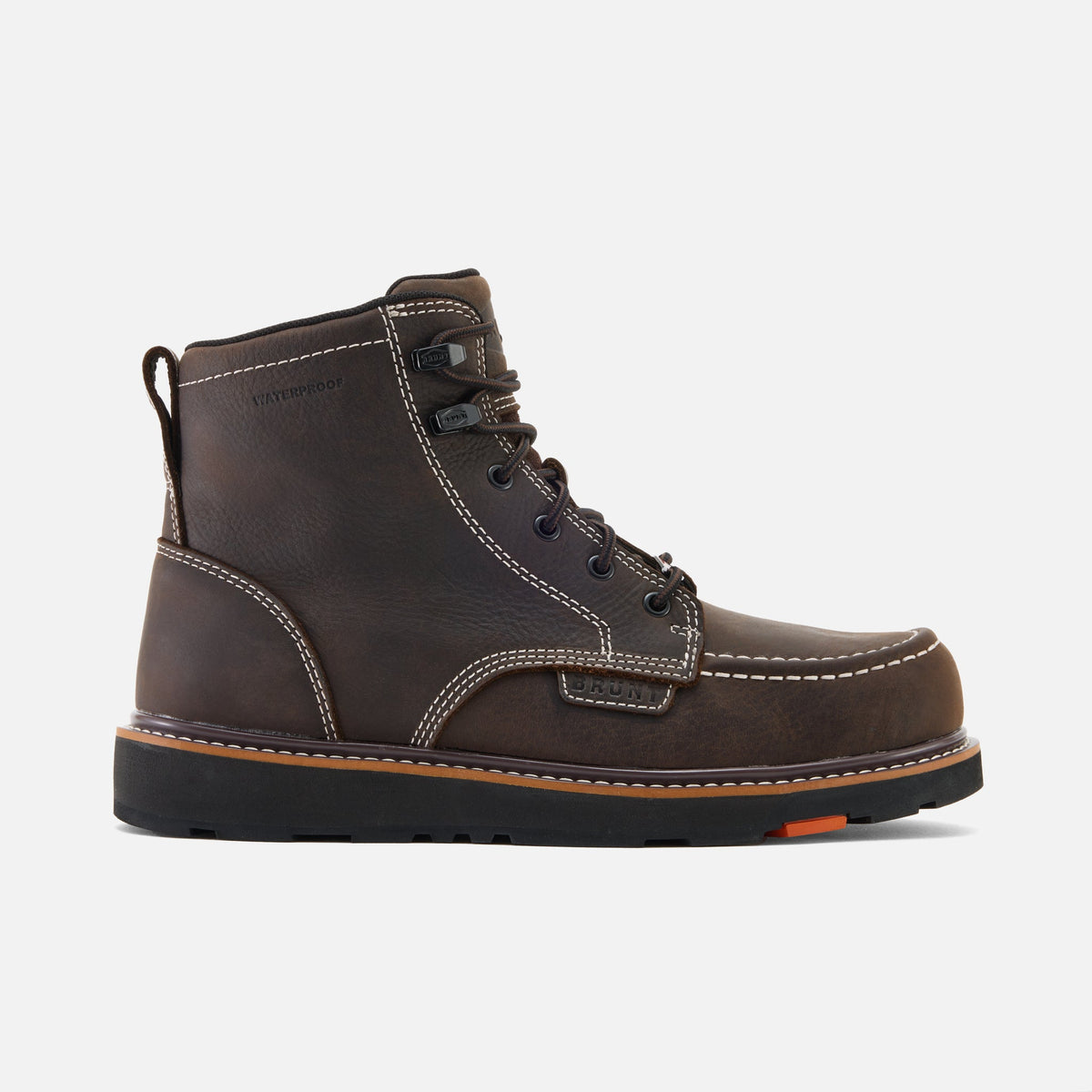 View 1 right side of the BRUNT 6 inch waterproof moc toe marin work boot in dark brown * 2 # NEW