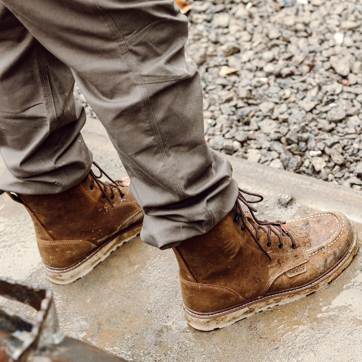BRUNT 8 inch waterproof composite toe marin work boot in brown on jobsite