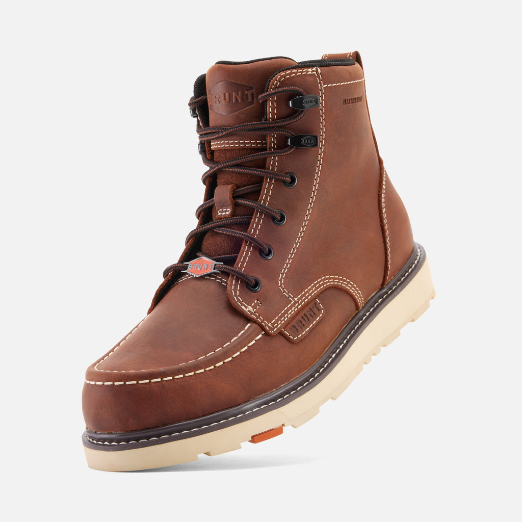 45 degree angle of the left limited edition BRUNT 6 inch waterproof composite toe marin work boot in redwood
