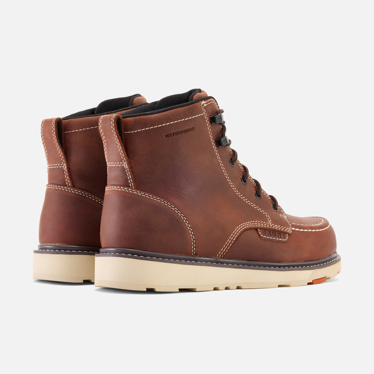 45 degree angle of the back limited edition BRUNT 6 inch waterproof composite toe marin work boot in redwood