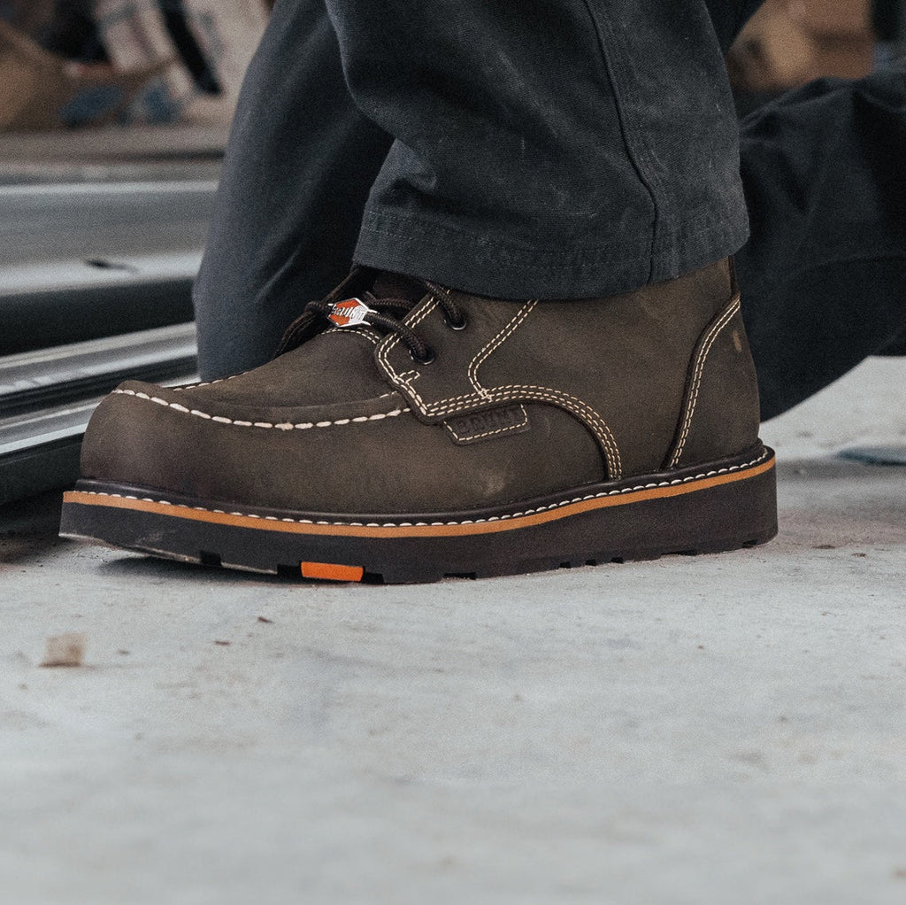 BRUNT 6 inch waterproof moc toe marin work boot in dark brown on jobsite