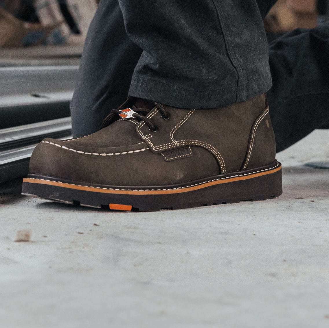 BRUNT 6 inch waterproof composite toe marin work boot in dark brown on job site
