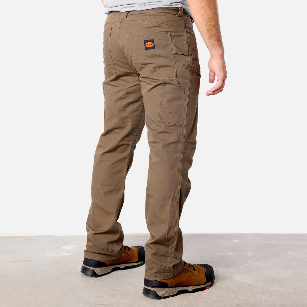 45 degree angle of back right side of BRUNT water resistant double-knee torra hd utility work pant in brown * 1