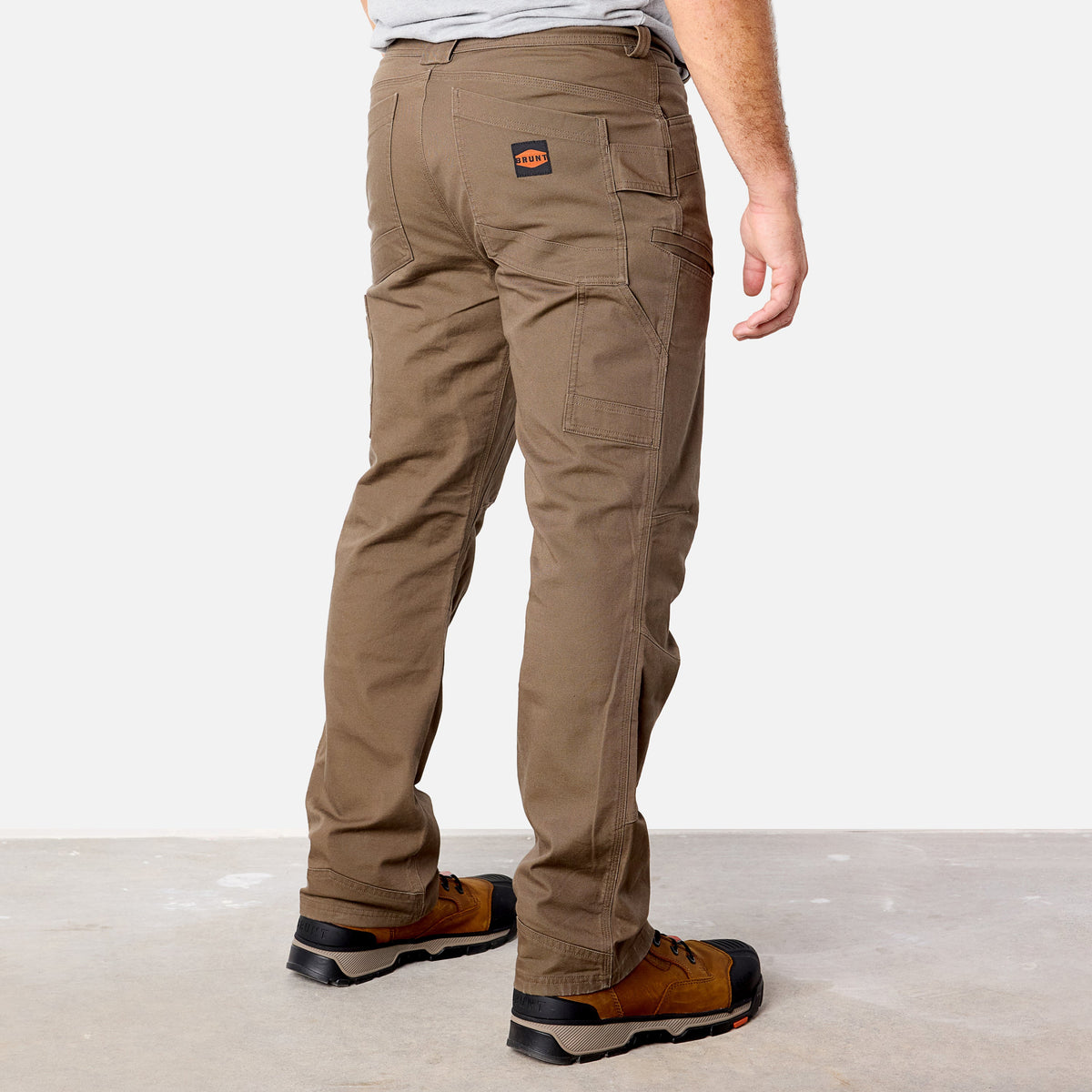 45 degree angle of back right side of BRUNT water resistant double-knee torra hd utility work pant in brown * 1