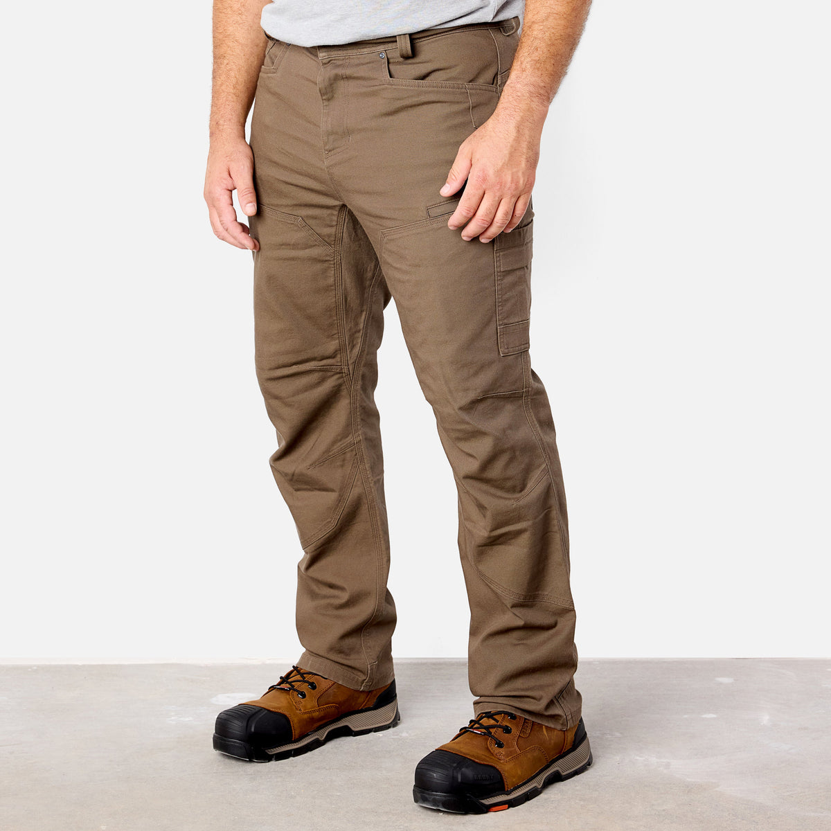 45 degree angle of front left side of BRUNT water resistant double-knee torra hd utility work pant in brown * 1