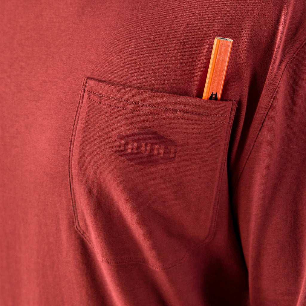 View 2 front of chest pocket with pencil slot of the BRUNT high quality long sleeve pocket tee in brick red