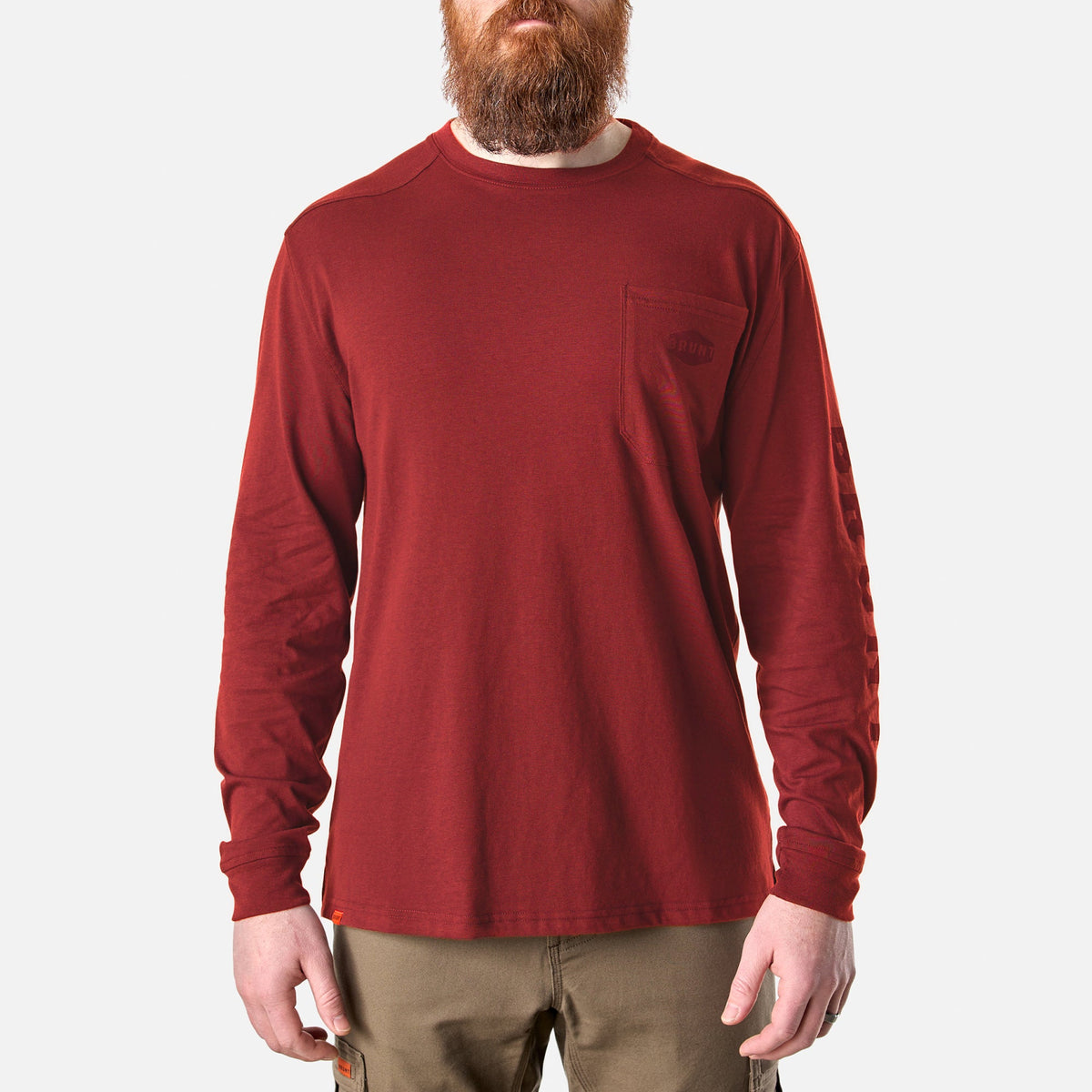 View 1 front of the BRUNT high quality long sleeve pocket tee in brick red
