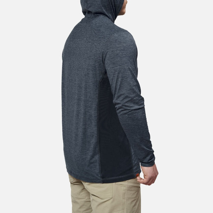 45 degree of the back right side of BRUNT lightweight mckenna sun hoodie with UPF protection in blue heather * 2