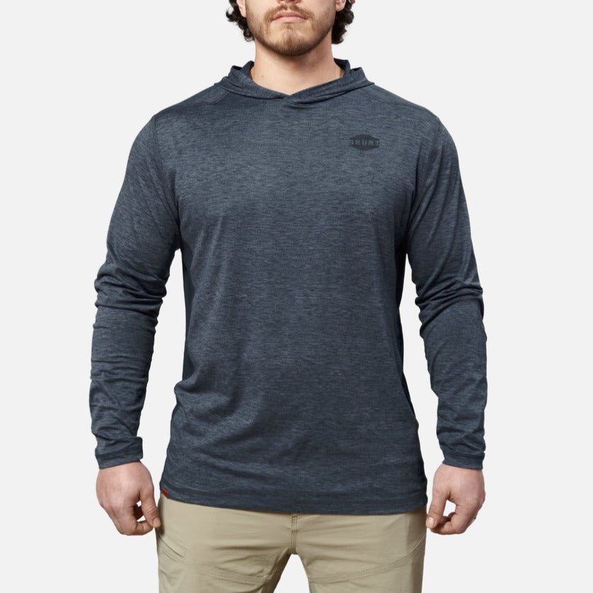 View 1 front of the BRUNT lightweight mckenna sun hoodie with UPF protection in blue heather * 2
