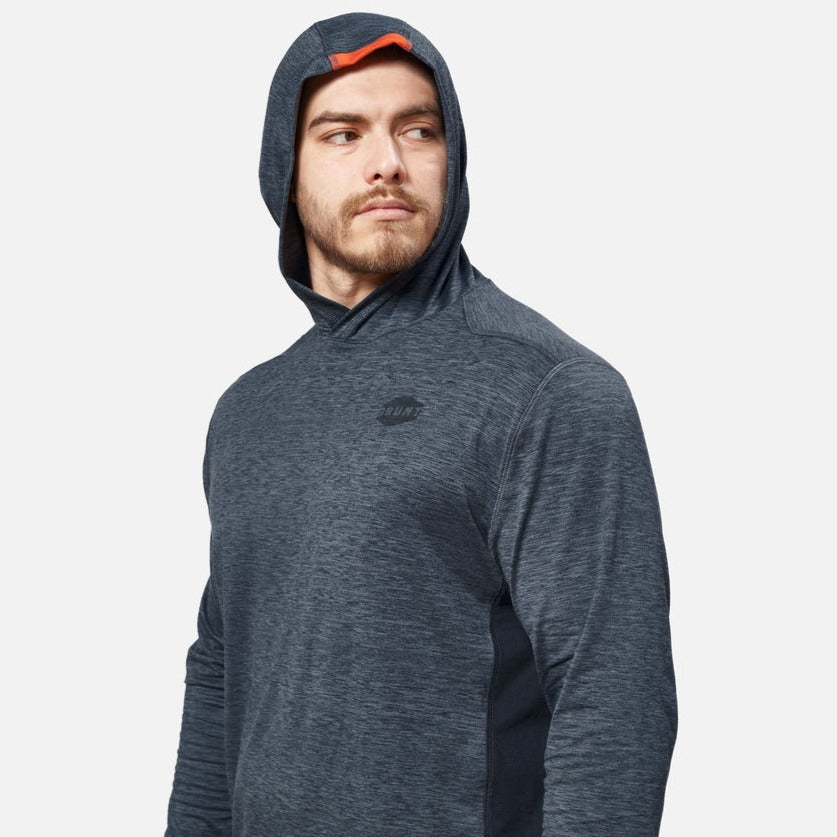 View 2 hard hat compatible hood of the BRUNT lightweight mckenna sun hoodie with UPF protection in blue heather * 2