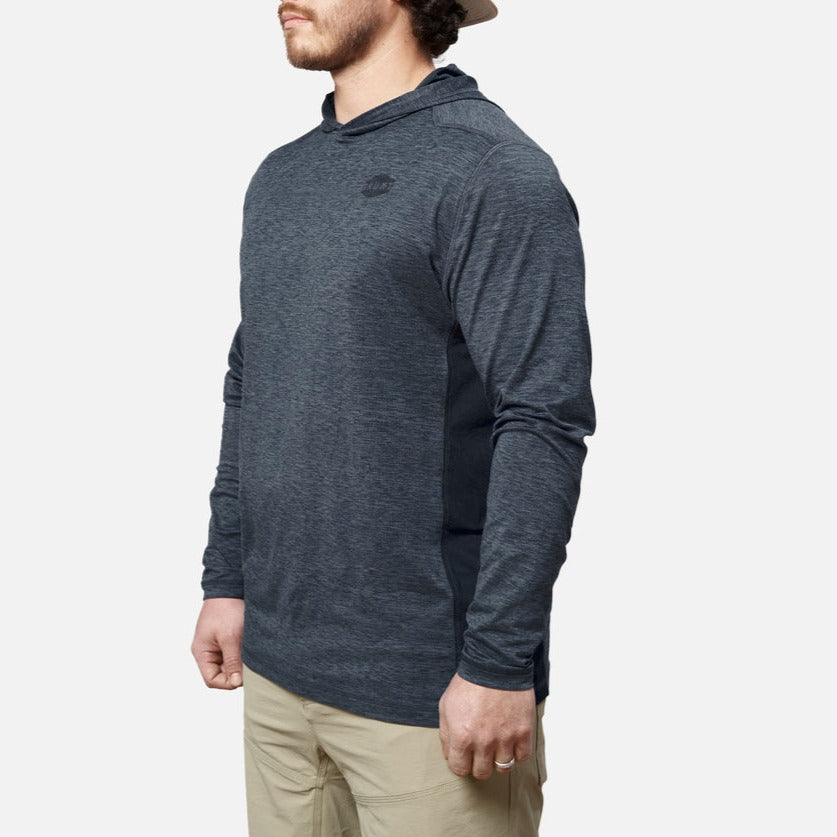 45 degree angle of the left side of the BRUNT lightweight mckenna sun hoodie with UPF protection in blue heather * 2