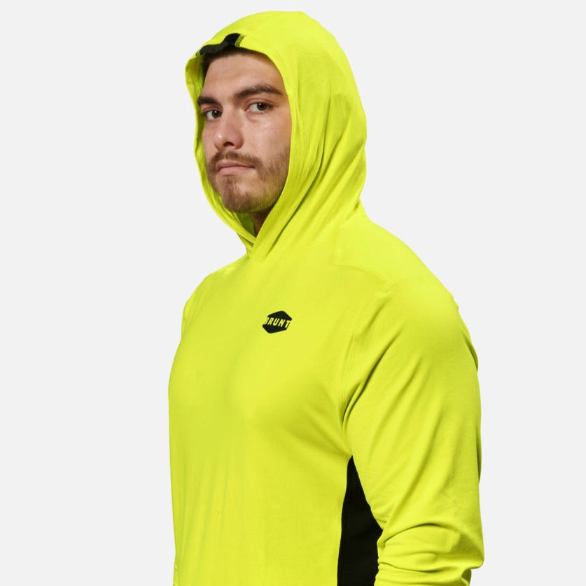 View 2 hard hat compatible hood of the BRUNT lightweight mckenna sun hoodie with UPF protection in hi vis yellow * 0